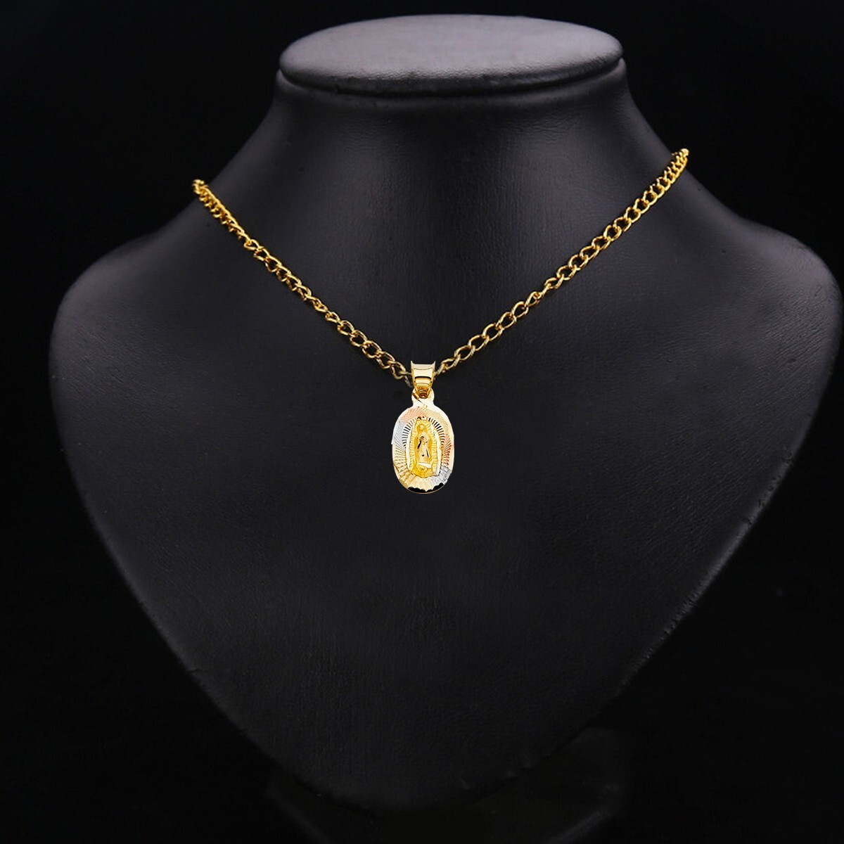 14K Tri Color Gold Diamond Cut Guadlupe Stamp Religious Pendant