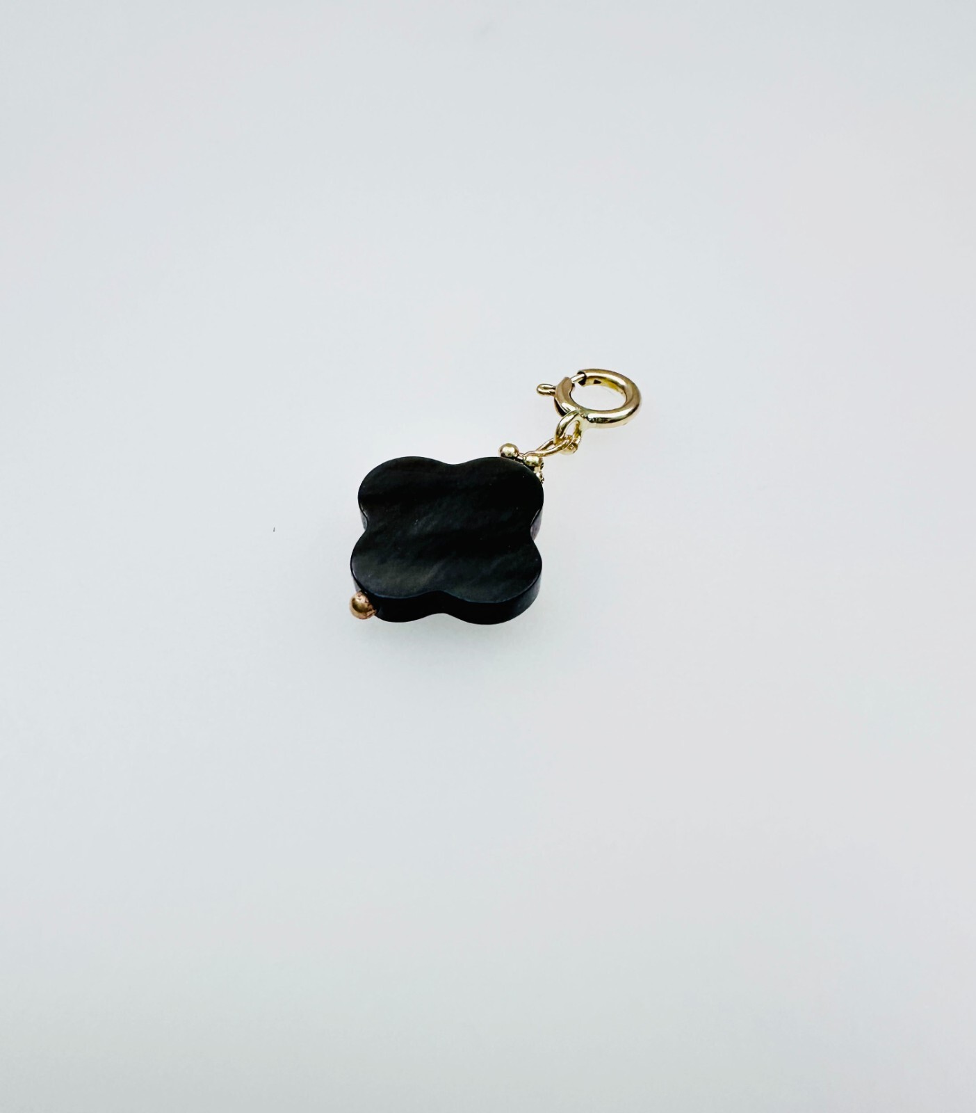 14K Solid Yellow Gold Black MOP Clover Flower Small Charm Pendant w/Spring Clasp