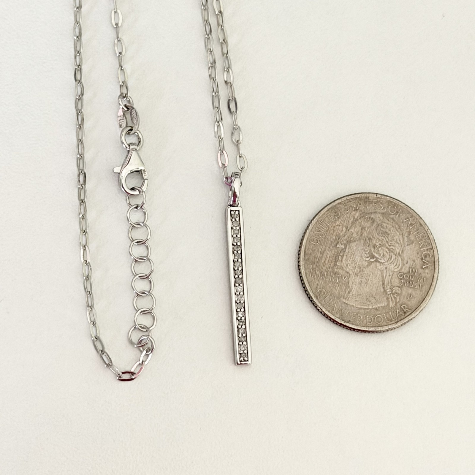 925 Italy Sterling Silver Genuine Diamond Pave Thin Bar Pendant Necklace 18″