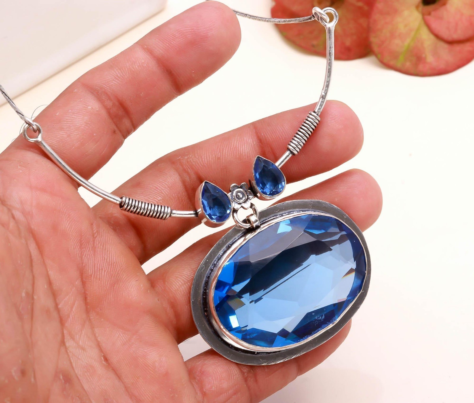 Swiss Blue Topaz Gemstone Necklace 925 Sterling Silver Pendant Boho Gift 18″