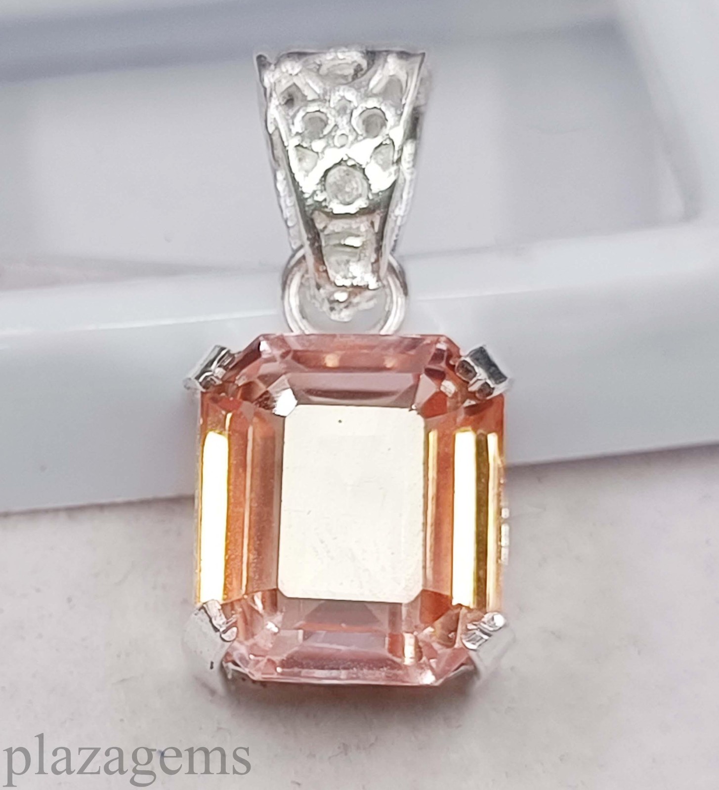 Natural Peach Sapphire 26.40 Ct Emerald Cut Pendant with 925 Silver Chain “5NSP