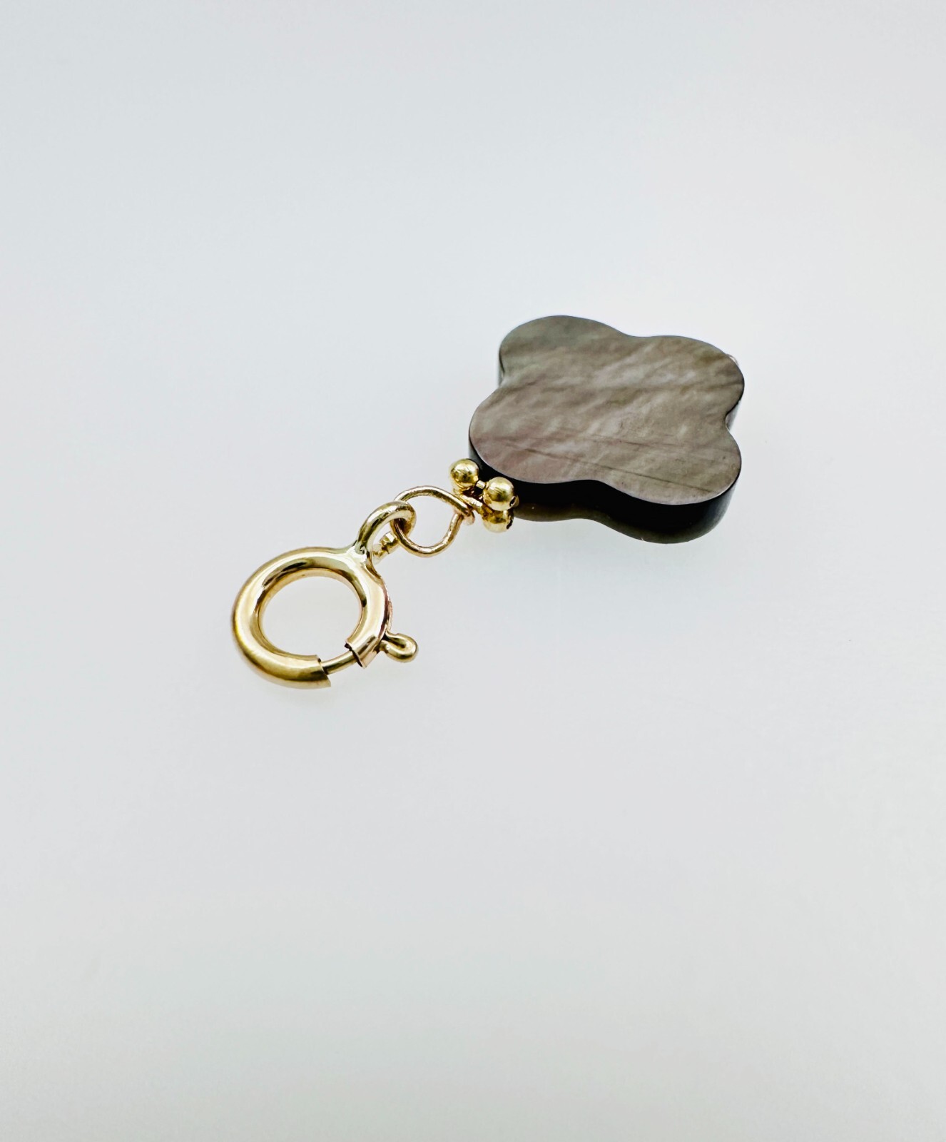 14K Solid Yellow Gold Black MOP Clover Flower Small Charm Pendant w/Spring Clasp