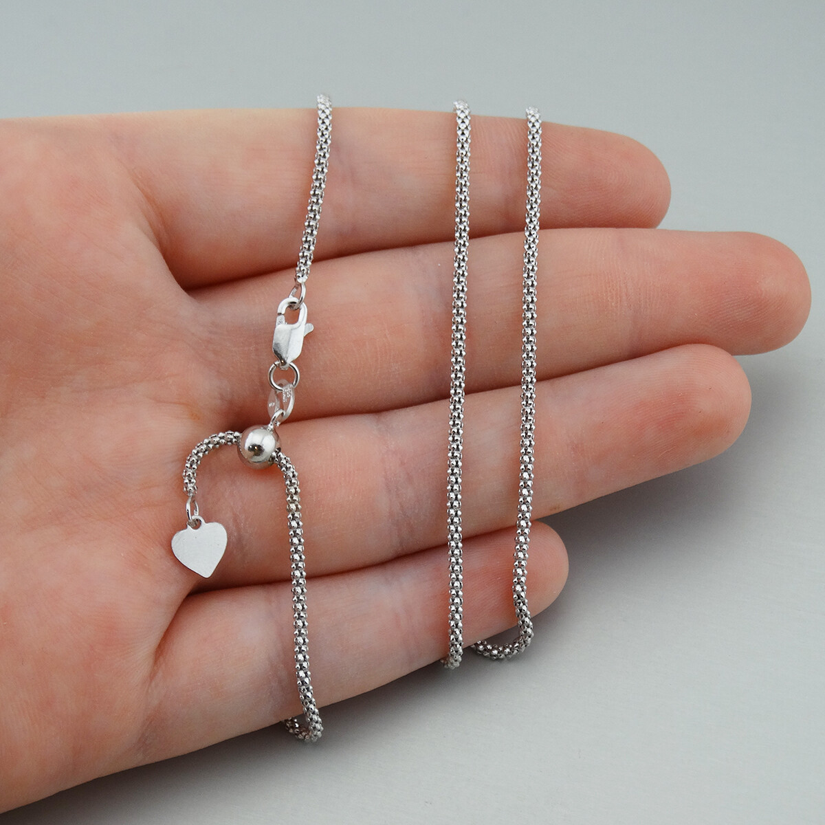1.8mm Adjustable 24″ Popcorn Chain Necklace – Rhodium Plated 925 Sterling Silver
