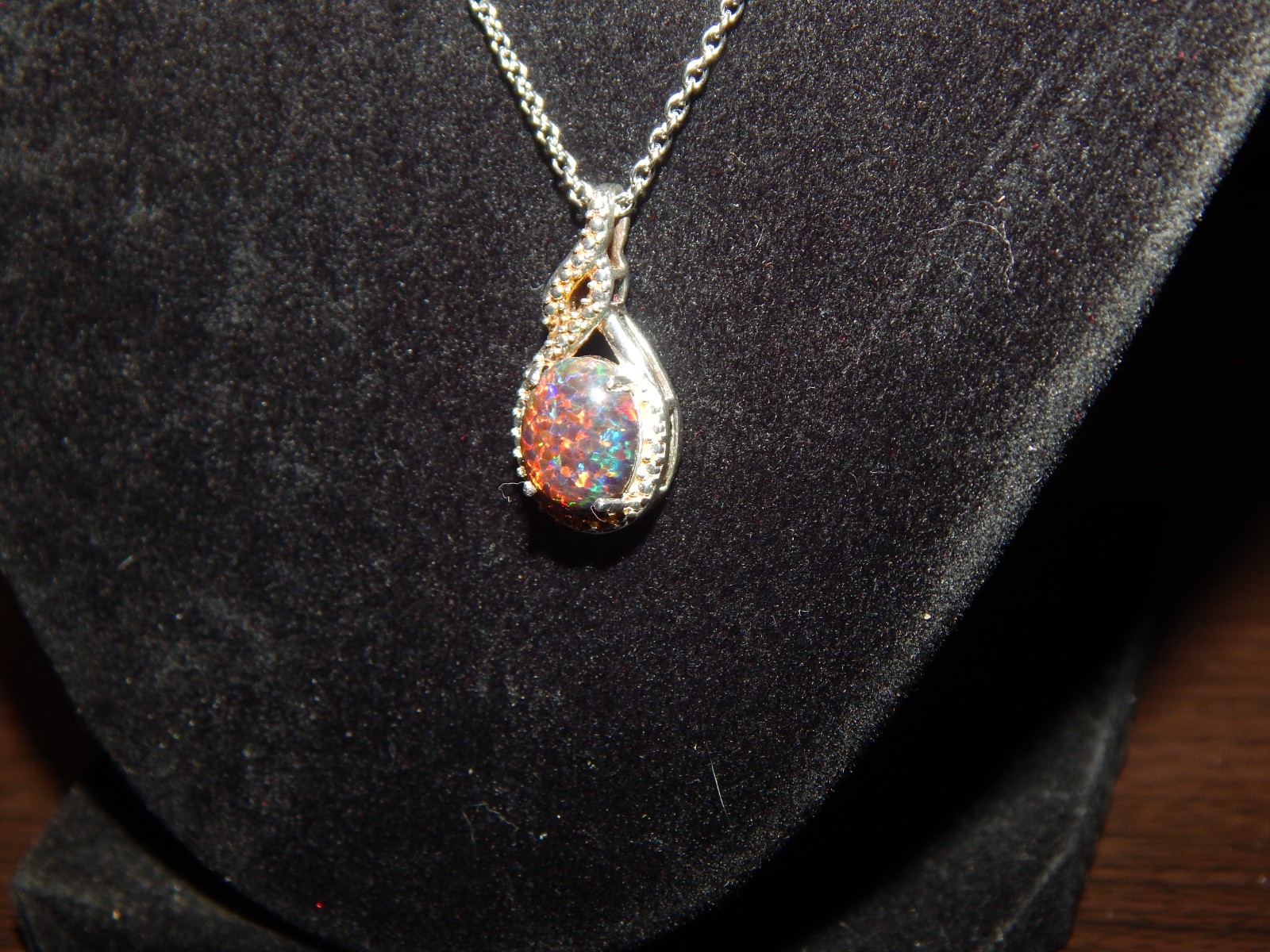 Womens lab created Opal necklace stainless steel chain (D)