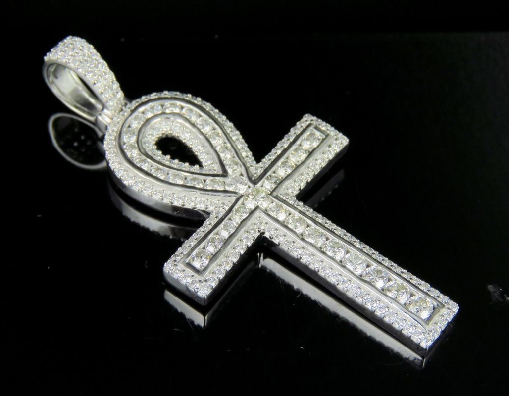 2.25Ct Round Lab Created Diamond Ankh Cross Pendant 14K White Gold Plated Silver