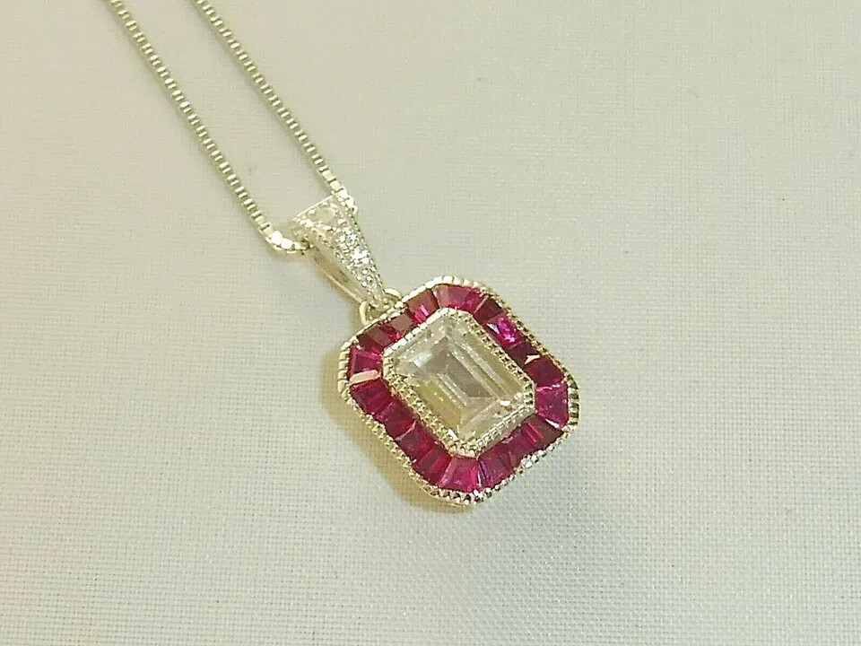 2.50Ct Art Deco Design White Lab-Created Diamond & Ruby Solid 925 Silver Pendant