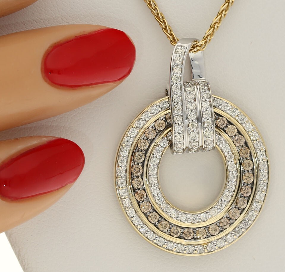 Natural Diamond Concentric Circle Pendant Necklace 1.75CT 14K Gold 18” Chain
