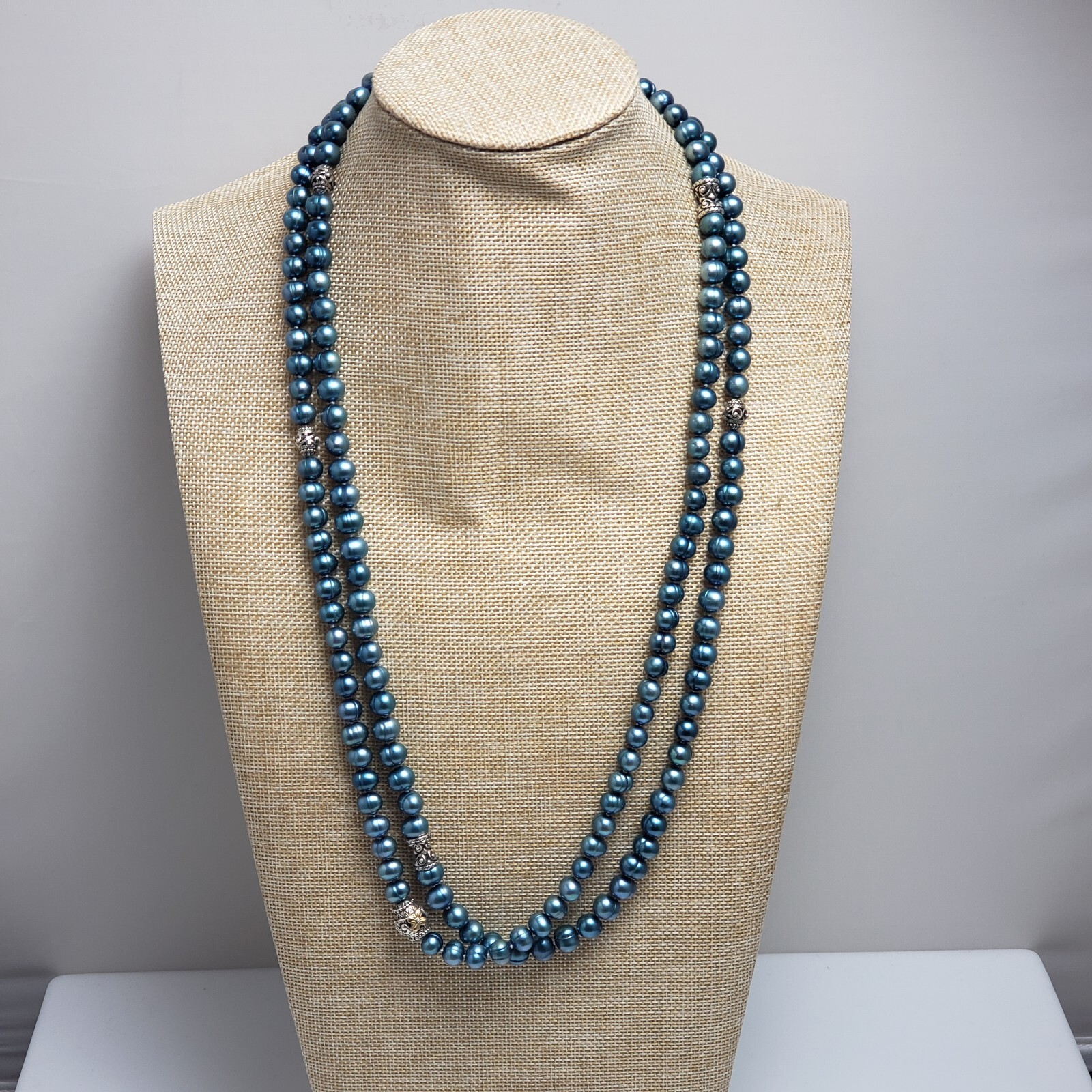 Barbara Bixby Sterling Silver 18k Yellow Gold 8.5mm Blue Pearl Necklace 56″