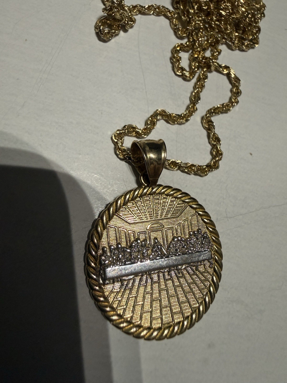 10K Yellow Gold Last Supper Jesus Charm Pendant With 2mm Rope Chain Necklace Set