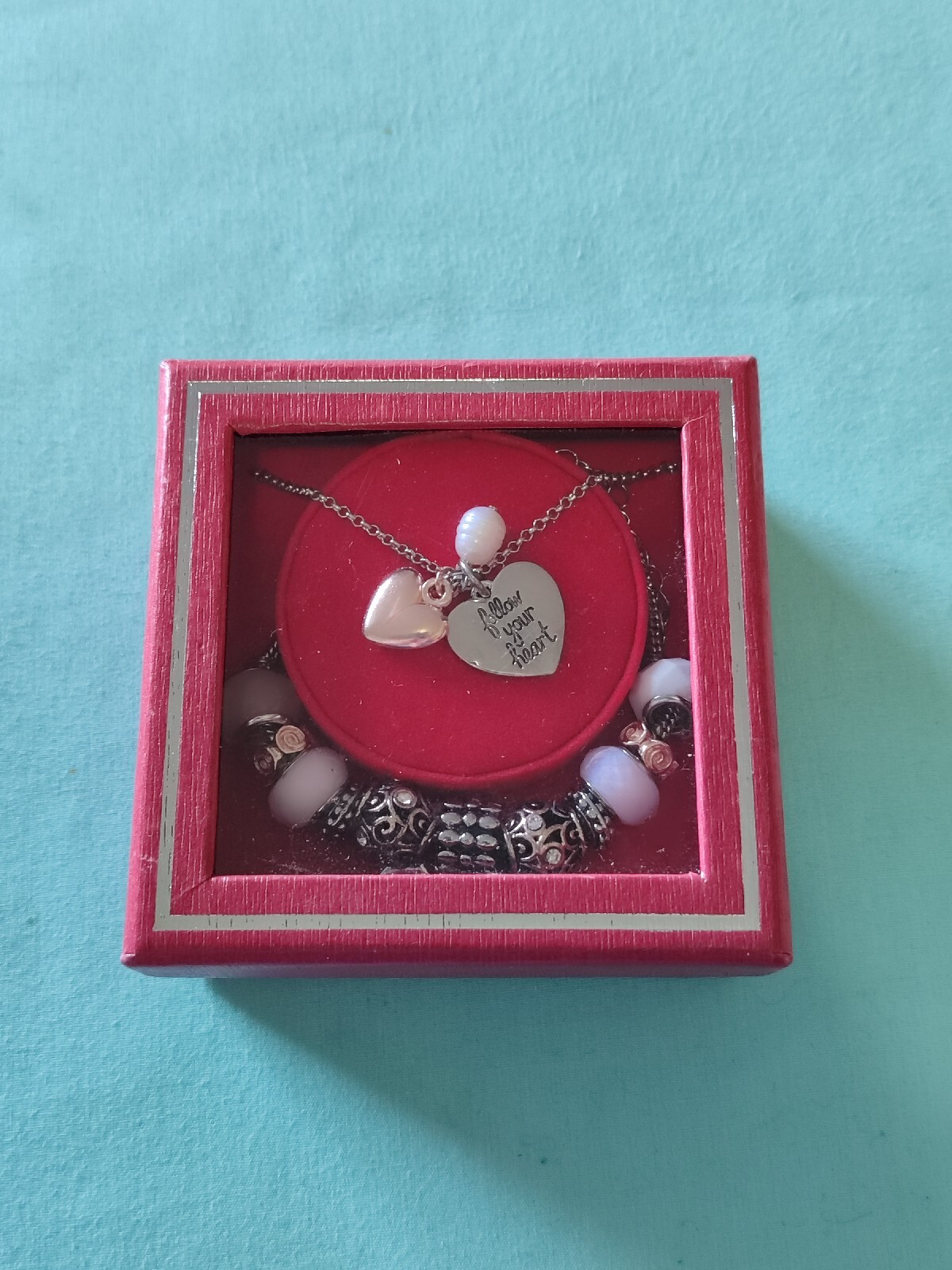Follow Your Heart Charm Necklace And Bracelet Set In Original Package Silver Plt
