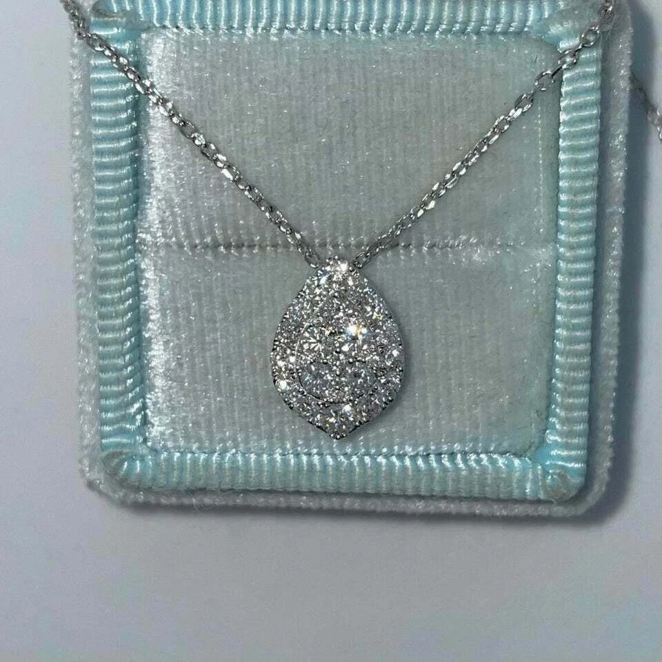 1Ct Round Cut VVS1/D Diamond Teardrop Pendant 18K White Gold Finish Free Chain