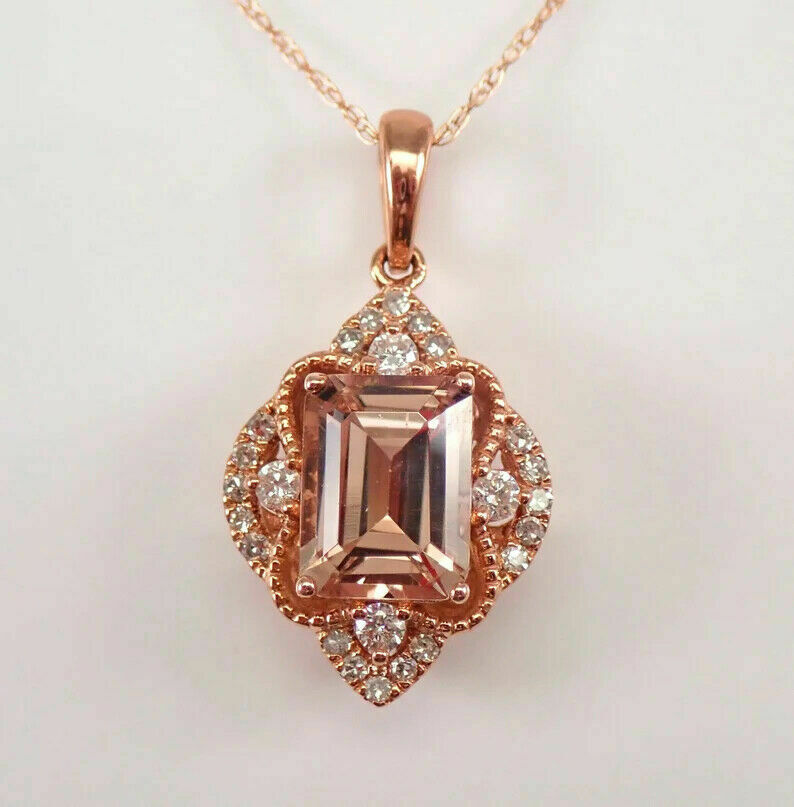 3.00Ct Emerald Cut Morganite Halo Pendent 14K Rose Gold Finish 18” Free Chain
