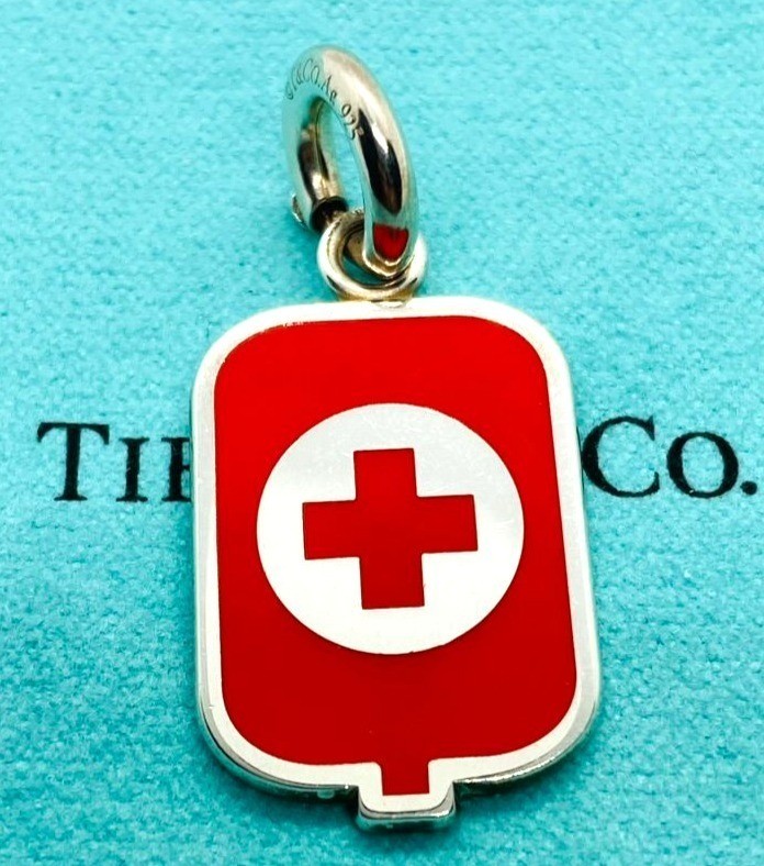 Tiffany & Co Enamel Red Cross Medical Charm Pendant Sterling Silver 925