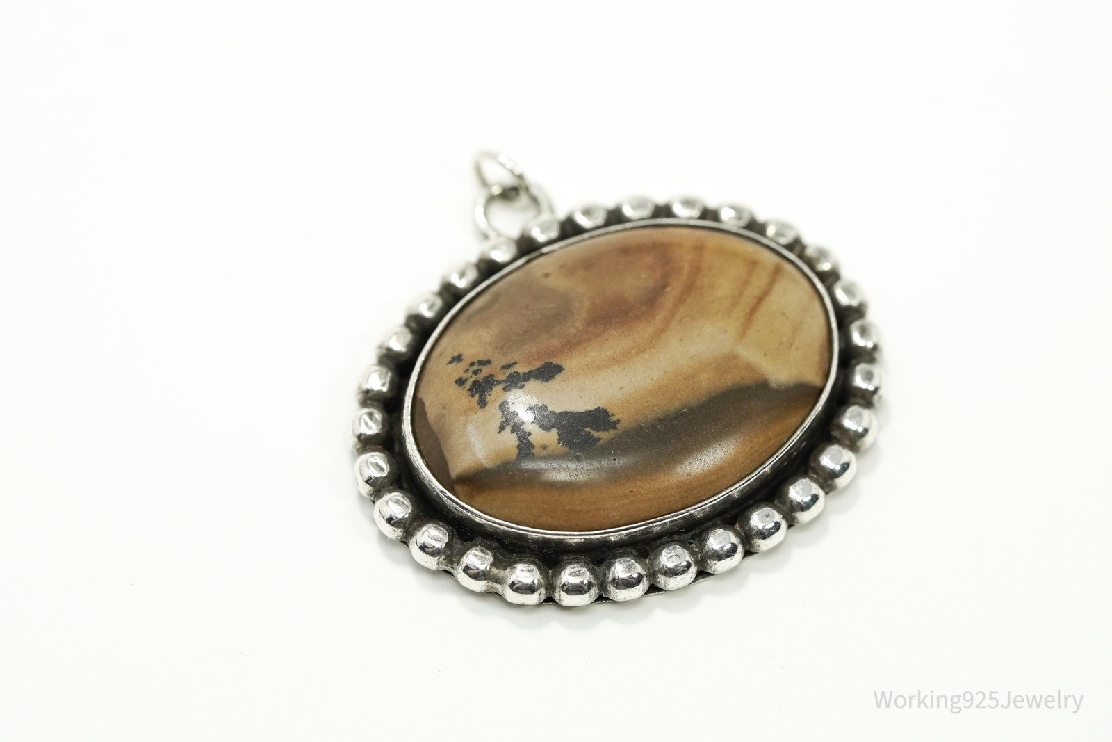 Vintage 1970s Picture Jasper Silver Necklace Pendant 1 3/8″