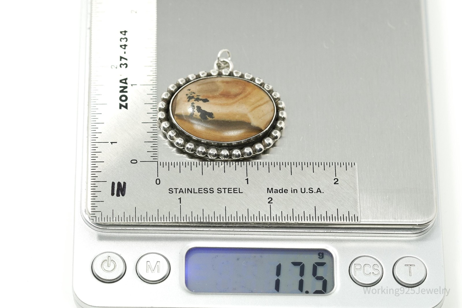 Vintage 1970s Picture Jasper Silver Necklace Pendant 1 3/8″