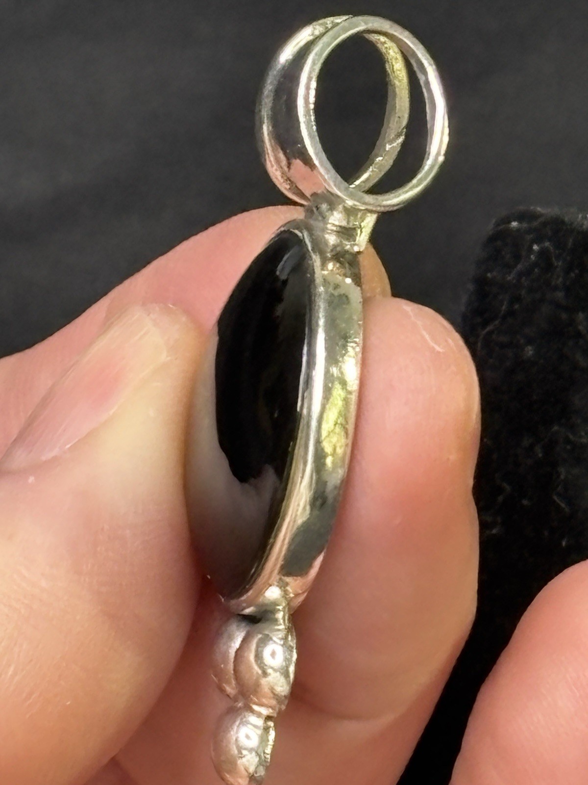 925 Sterling Silver Onyx Cabochon Vintage Southwestern Style Slide Pendant