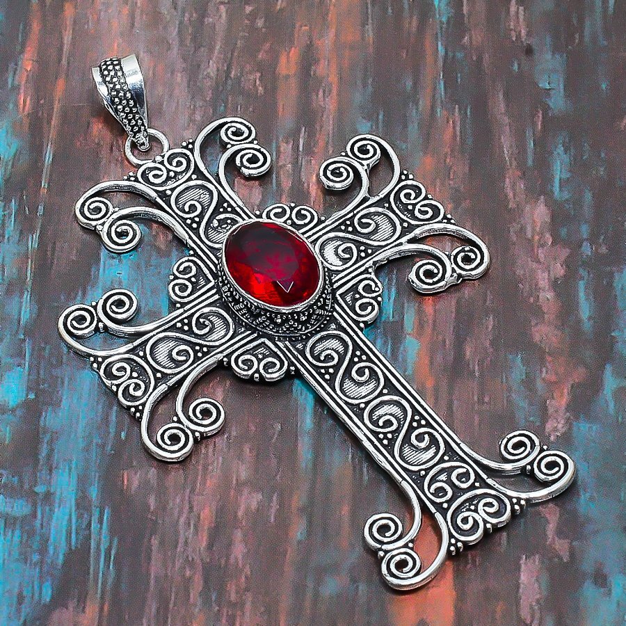 Cross Mozambique Garnet Gemstone Handmade Gift Jewelry Pendant 3.35″ z919