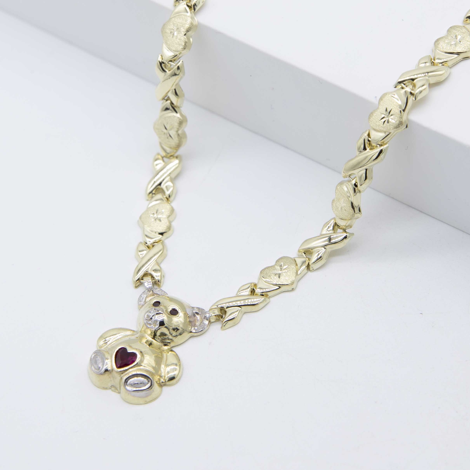 Diamond Cut Heart & Kisses Teddy Bear Necklace Real 10K Yellow White Gold