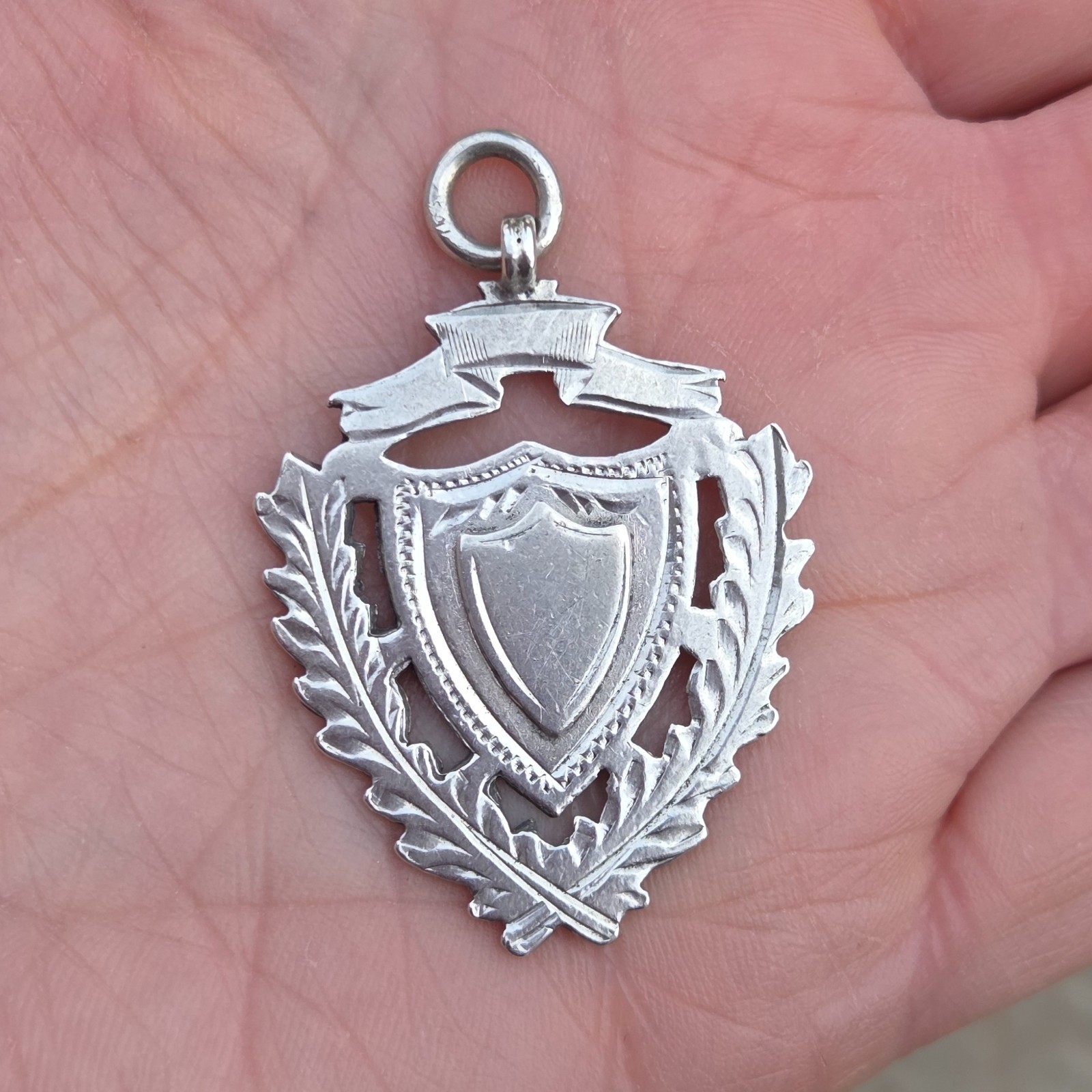 Antique 1918 English HM Solid Sterling Silver Shield Watch Fob Medal Pendant