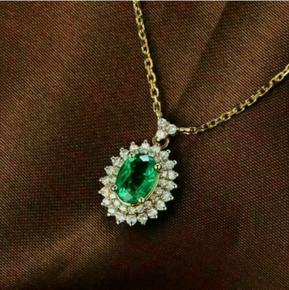 2 Ct Lab Created Emerald Oval Cut Pendant 14K Yellow Gold Finish 18″ Chain