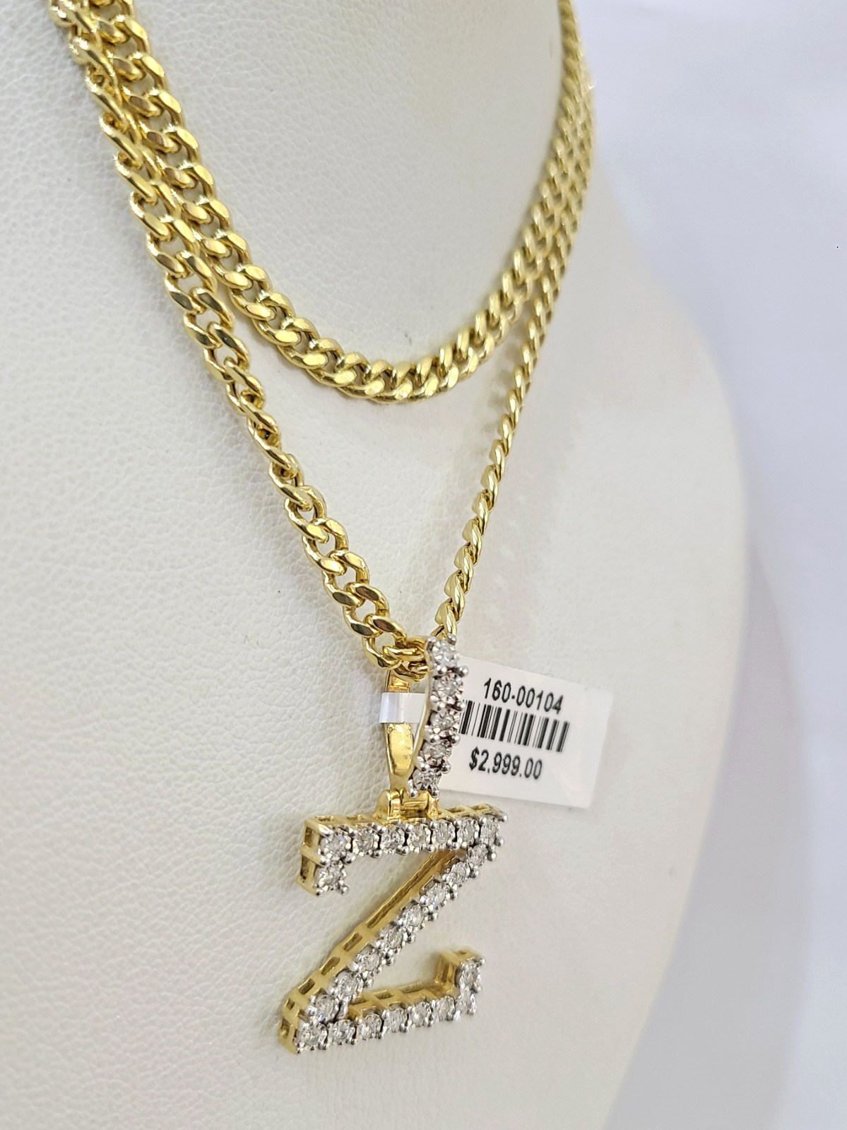 10K Gold Miami Cuban Chain Z Diamond Initial 20″-28″ 3mm Pendant Necklace SET