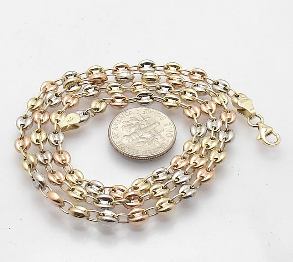 4.5mm Puffed Mariner Anchor Link Chain Necklace Real 14K Tri-color Gold