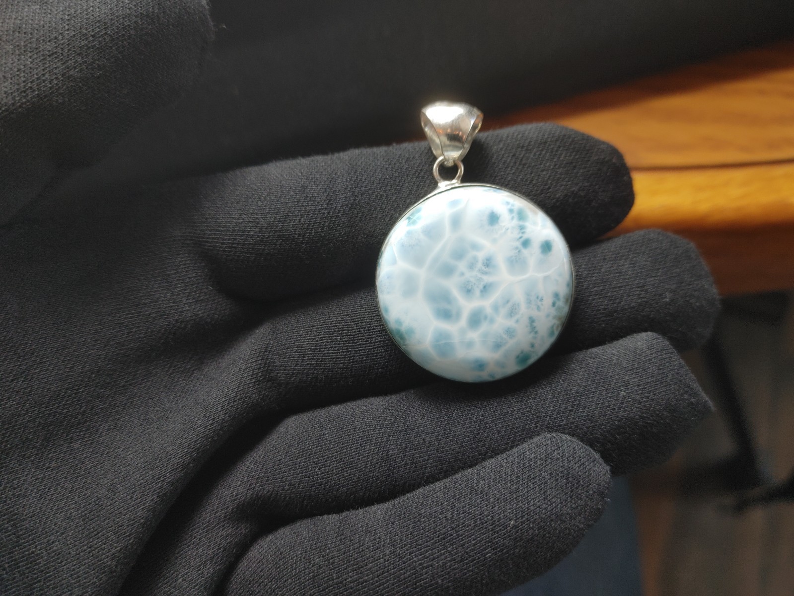 Larimar Circle Pendant- Sterling Silver Setting 23.6 grams