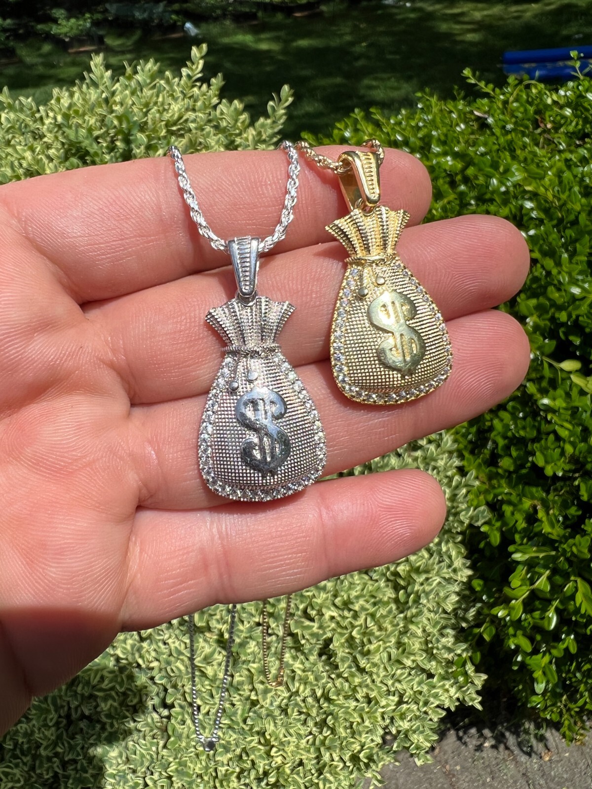 Real 925 Silver / 14k Gold Plated Money Bag Dollar Sign Pendant Necklace Iced CZ