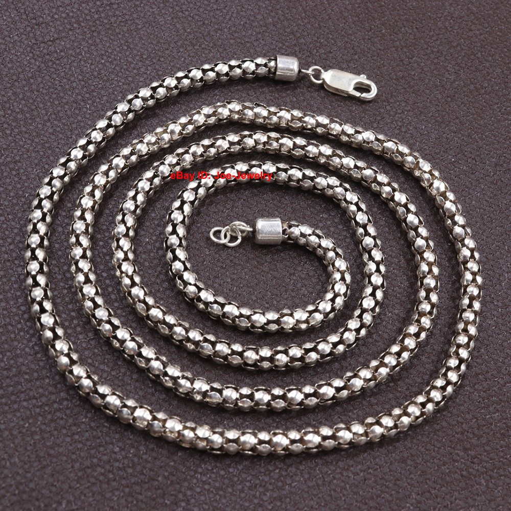 Real 925 Sterling Silver Necklace 4mm Popcorn Link Chain Necklace 27.5inch