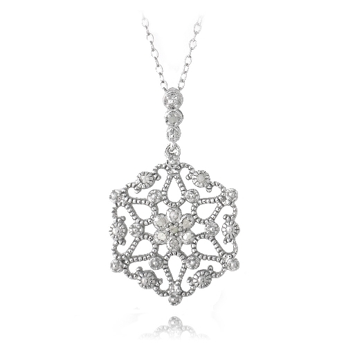 925 Silver 1/10ct Diamond Flower Filigree Dangle Necklace, 18″