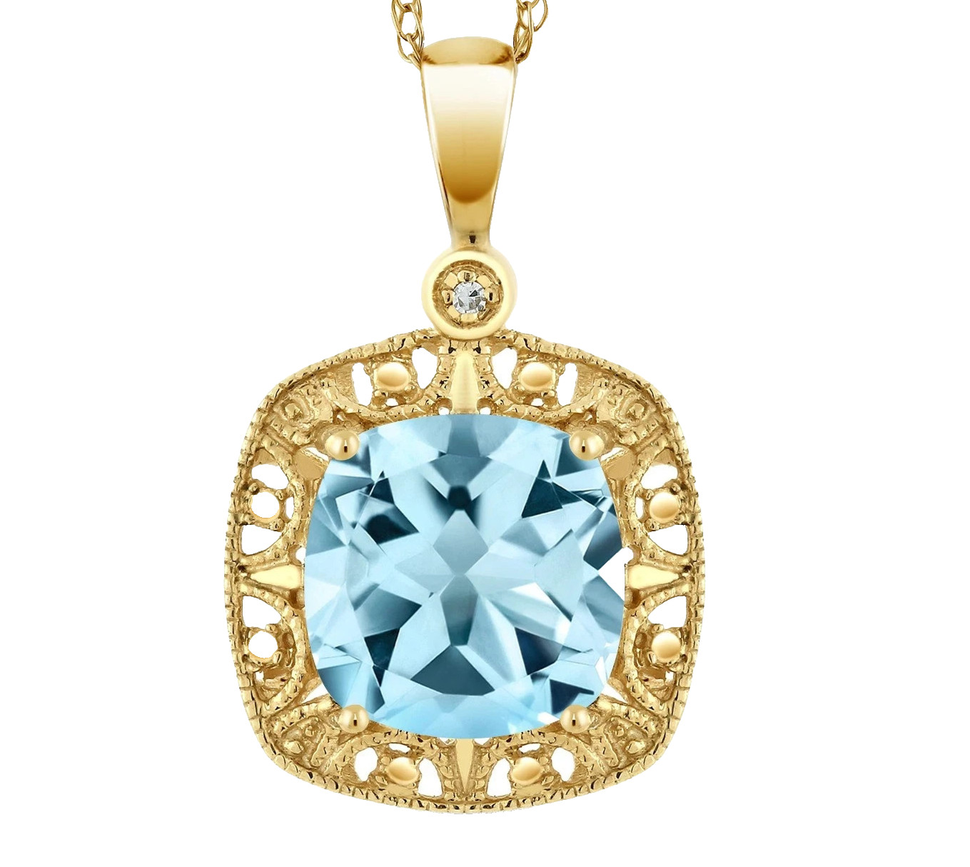 925 Yellow Gold Plated Silver Cushion Cut Sky Blue Topaz and Moissanite Pendant