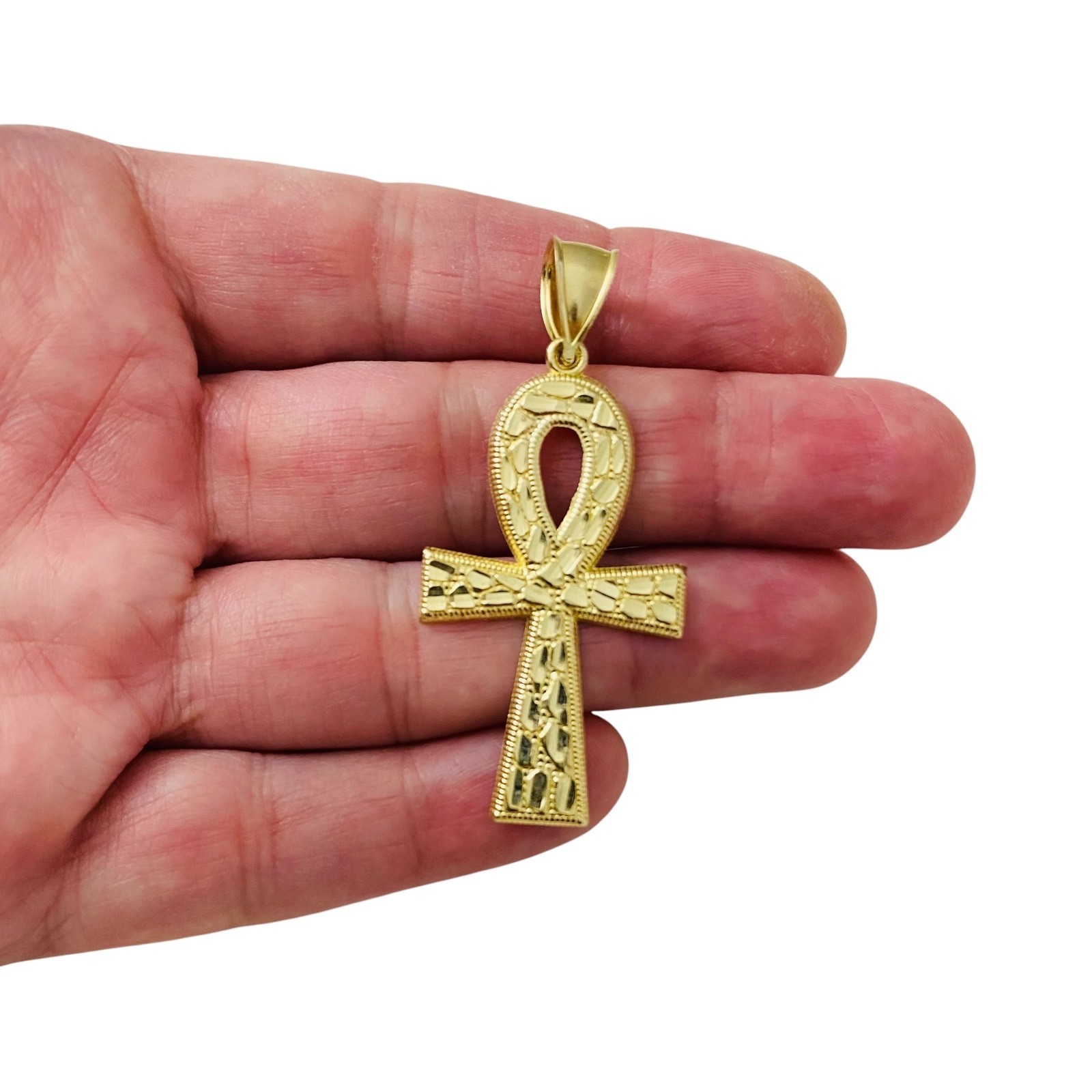 Solid 10K Yellow Gold 2.1″ Ankh Cross Pendant Nugget Egyptian Charm – G87-3