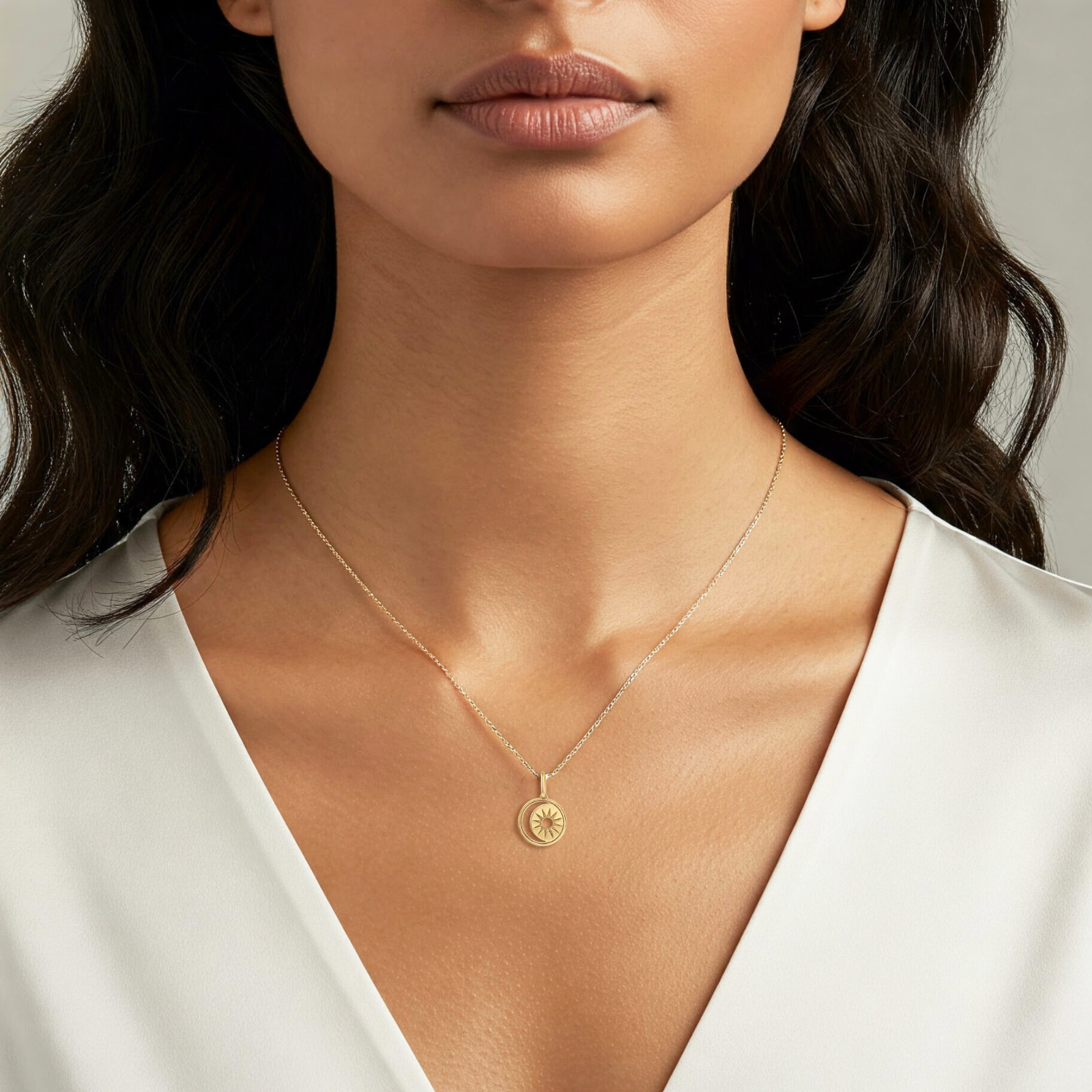 14K Real Solid Yellow Gold Star & Crescent Medallion Pendant Charm Necklace 18in