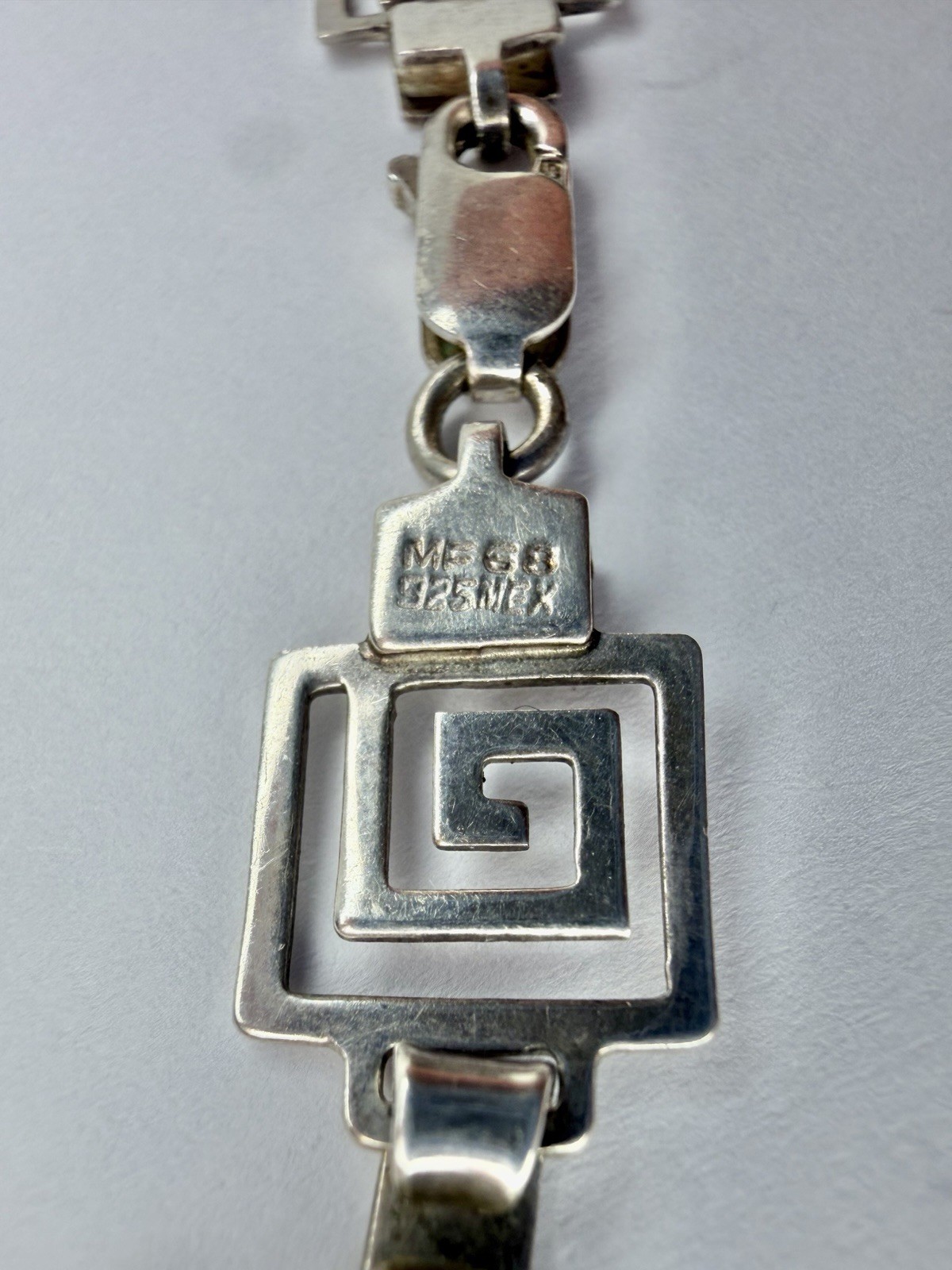 Mexico Sterling Silver Geometric Greek Key Link Chain Necklace 16″