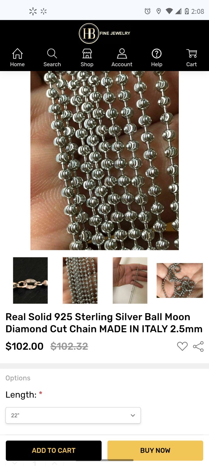 Silver Necklace 22″ 2.5mm Ball Moon Chain Harlem Bling