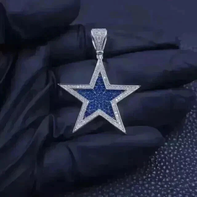 2Ct Round Cut Lab-Created Blue Sapphire Star Pendant In 14K White Gold Plated