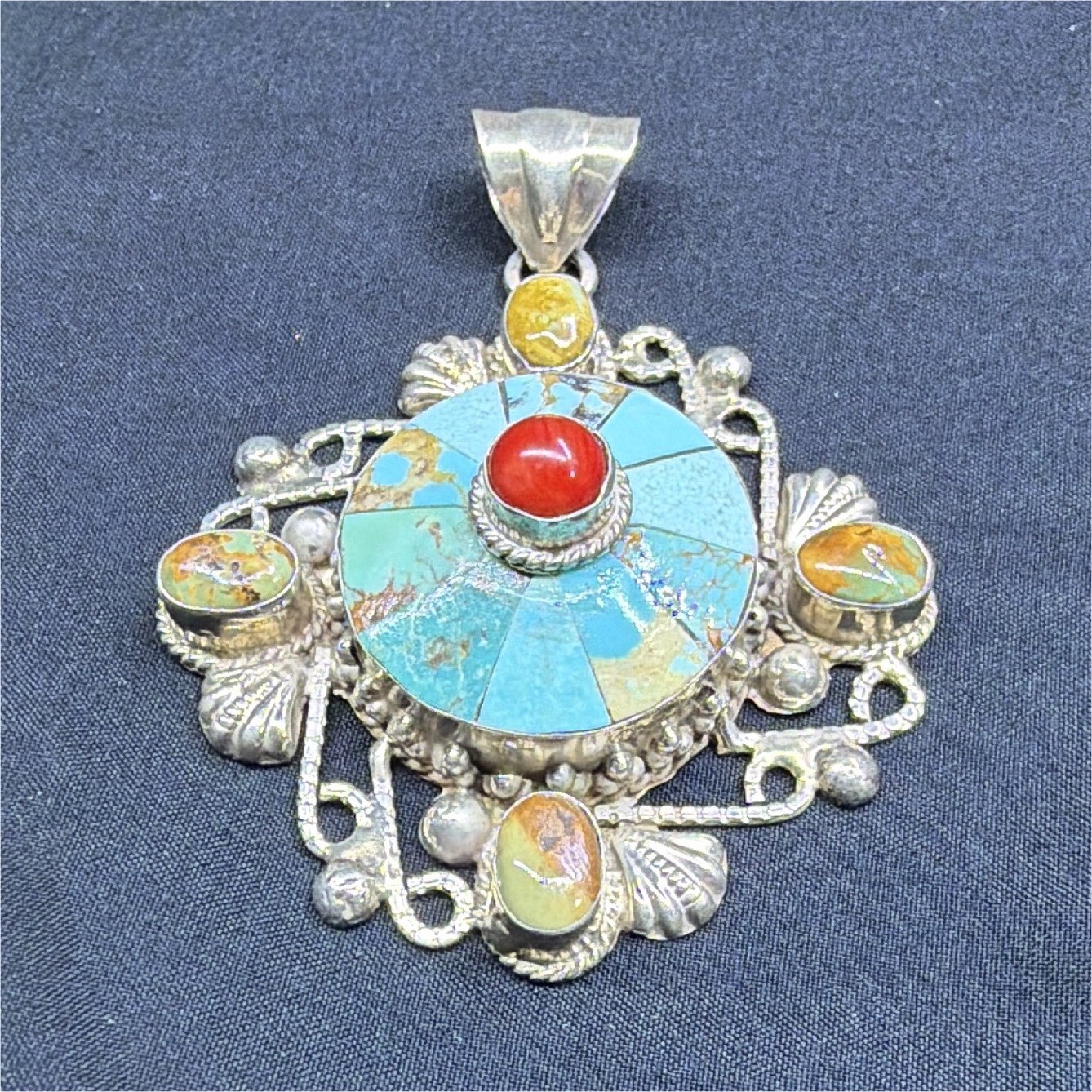 925 Sterling Silver India Turquoise Multi-Stone Inlay Round Pendant Signed