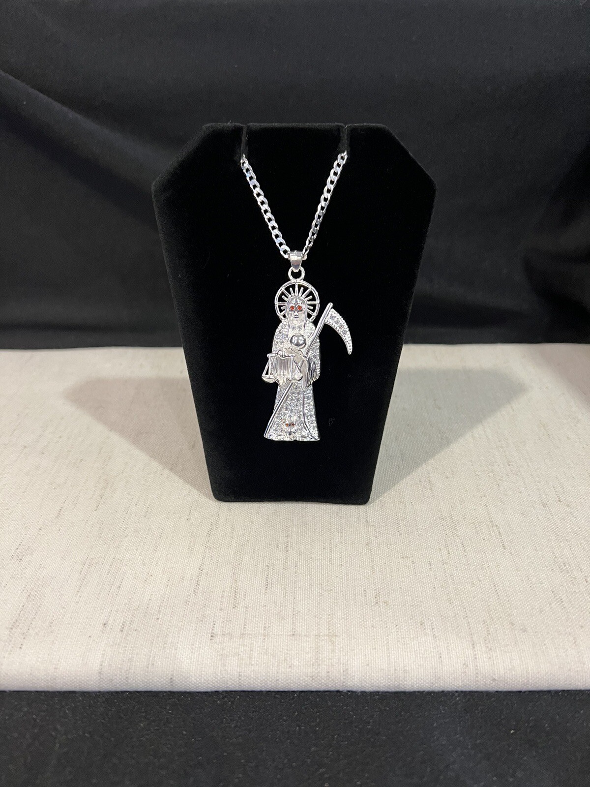 925 Sterling Silver Men CZ Santa Muerte Grim Reaper & Curb Chain 20 24 30