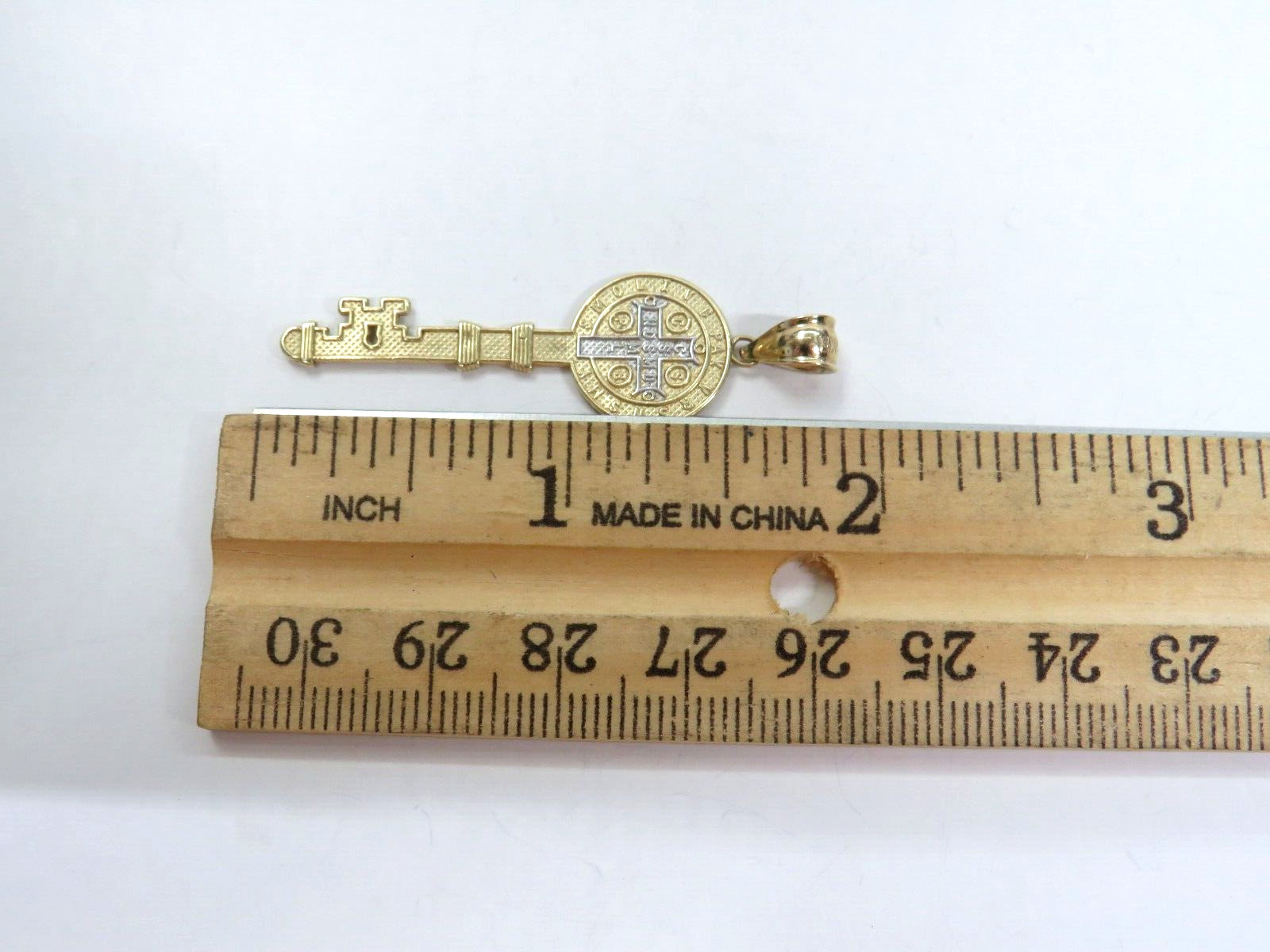 St BENEDICT 14K Yellow & White Gold Religious Key Pendant Charm