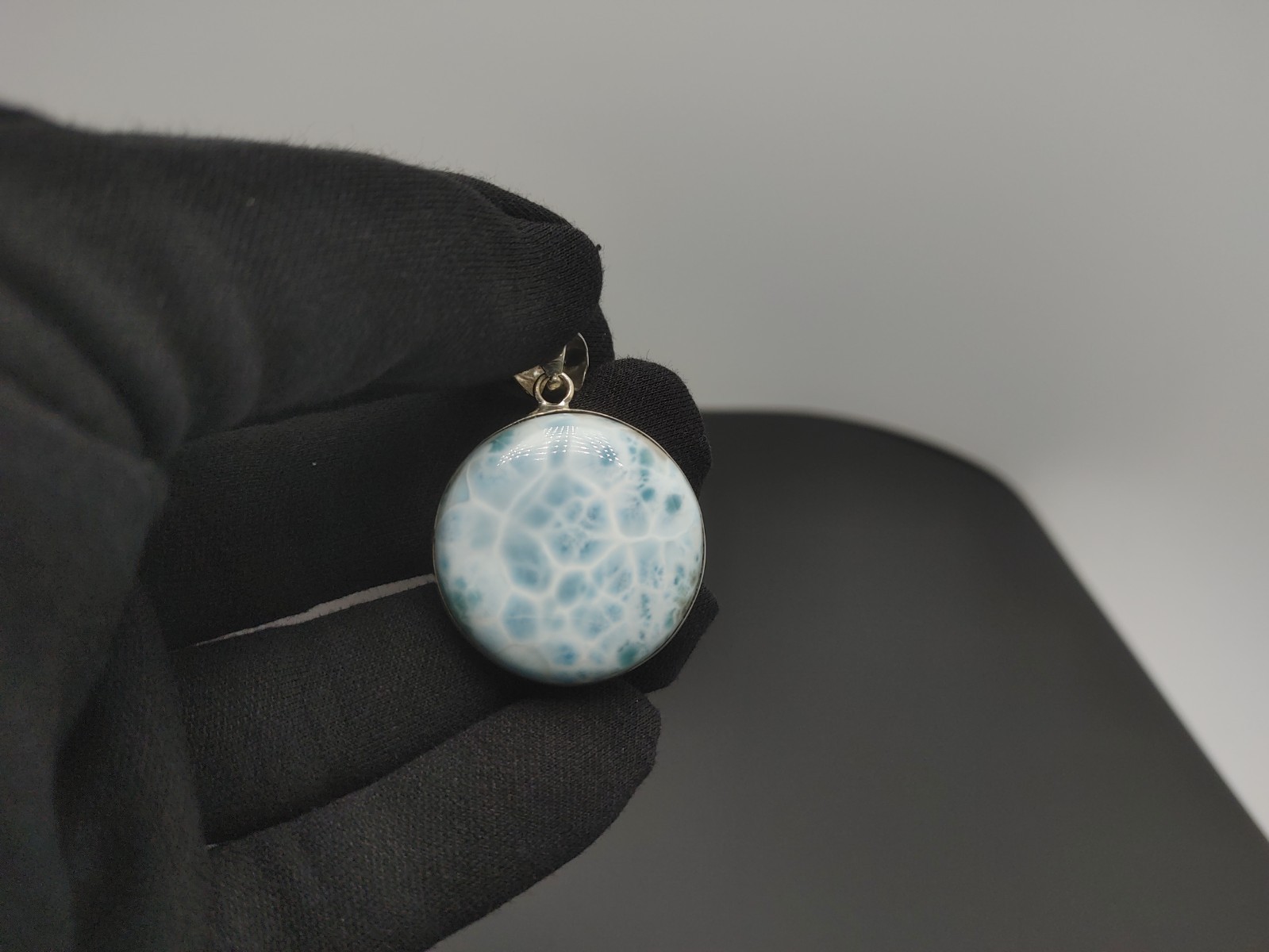Larimar Circle Pendant- Sterling Silver Setting 23.6 grams