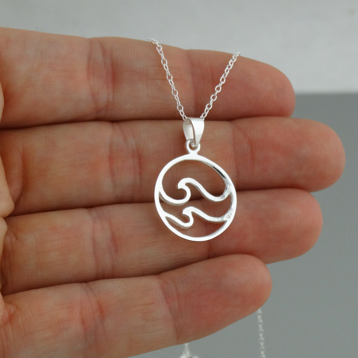 Two Ocean Waves in Circle Pendant Necklace 925 Sterling Silver Beach Gift Sea