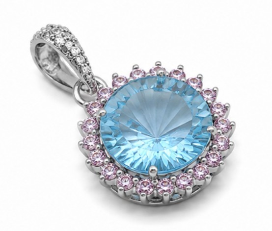 925 Sterling Silver Natural Fancy Cut Blue Topaz & Pink Moissanite Halo Pendant