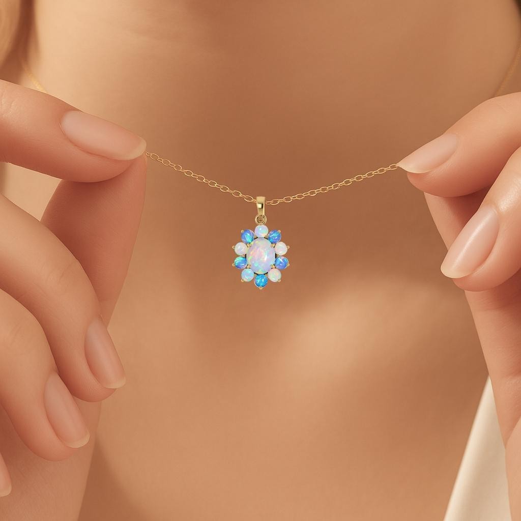 Natural White and Blue Opal Gemstone Pendant Necklace, Multifire Opal Gemstone