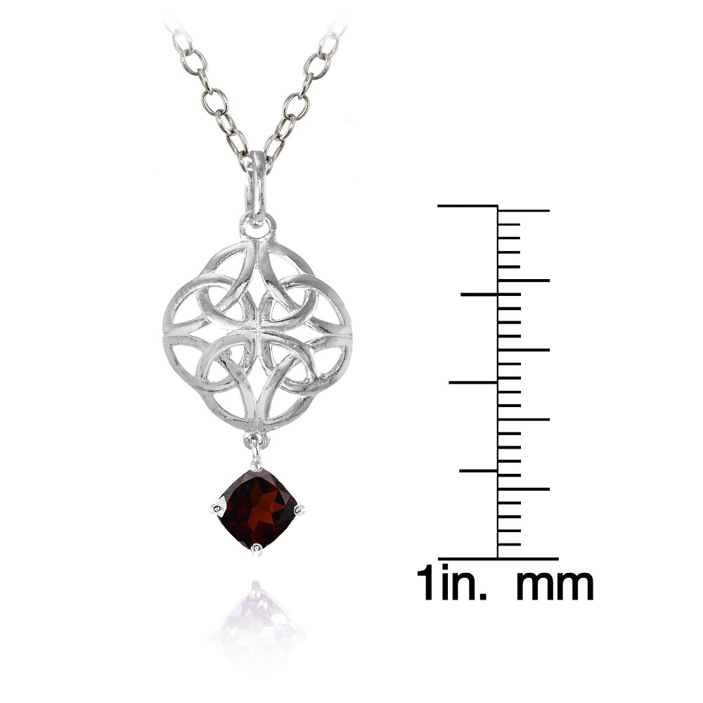 Sterling Silver Garnet Celtic Filigree Cushion Cut Dangling Necklace