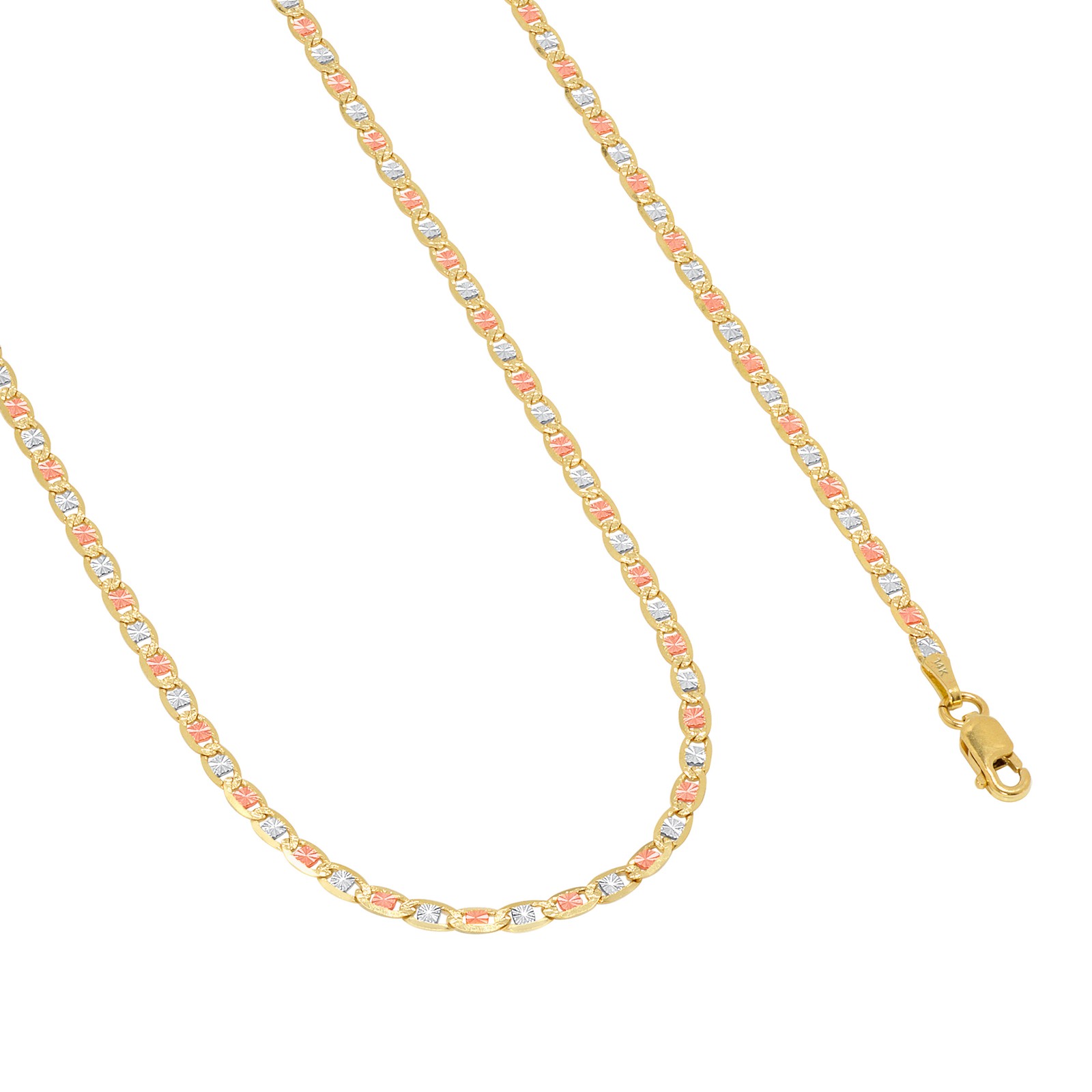 14K Solid Tri Yellow Rose White Gold 2.3mm Valentino Chain Womens Necklace 18″