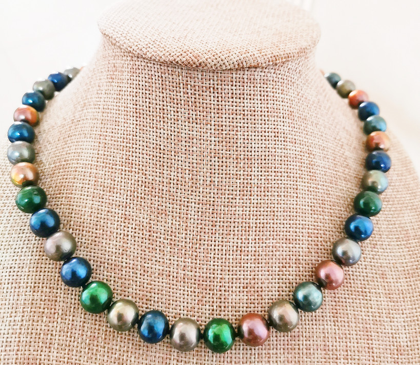 17″10-12mm south sea Tahitian genuine black peacock green multic pearl necklace