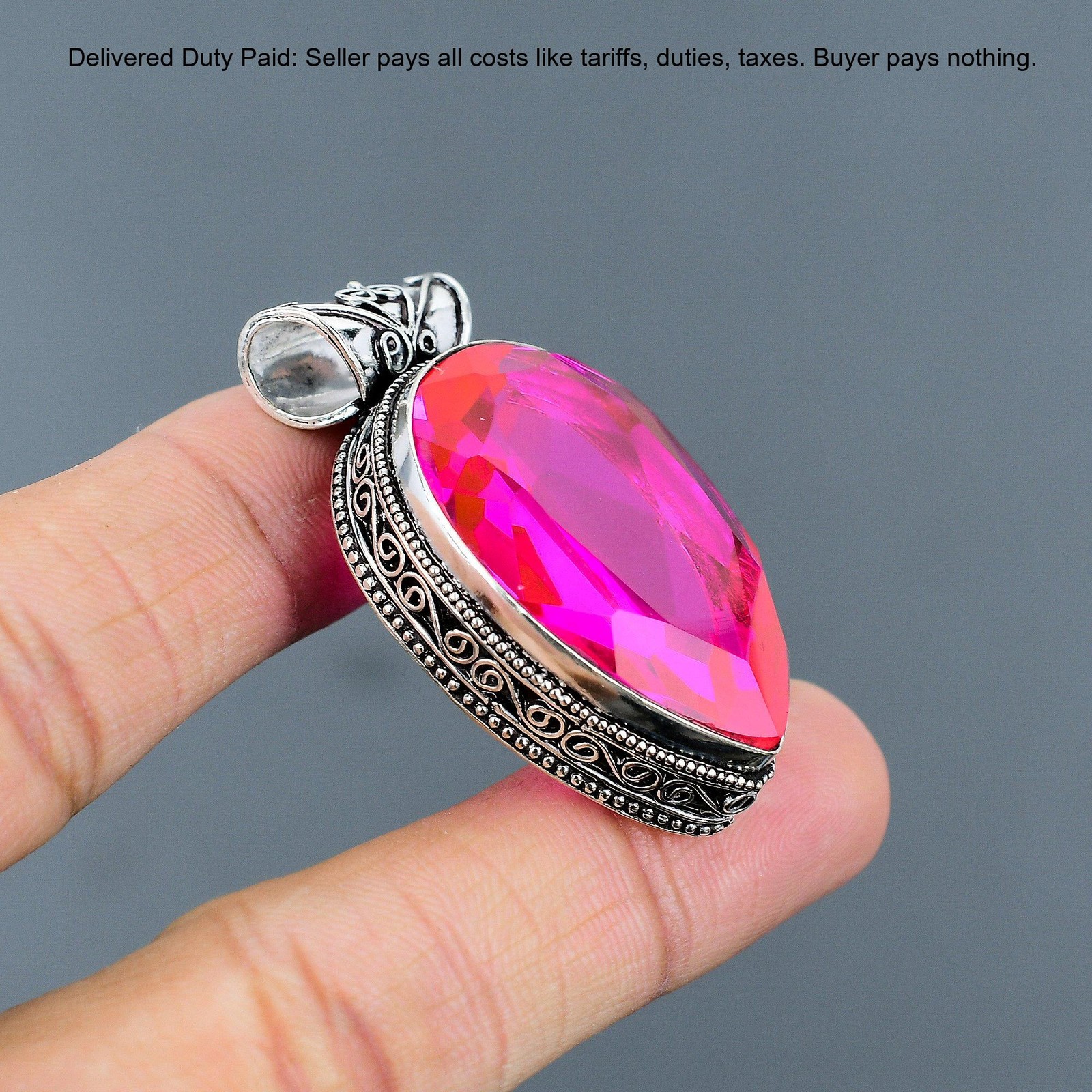 Pear Natural Pink Fire Topaz Bezel Birthday Vintage Wife Pendant Sterling Silver