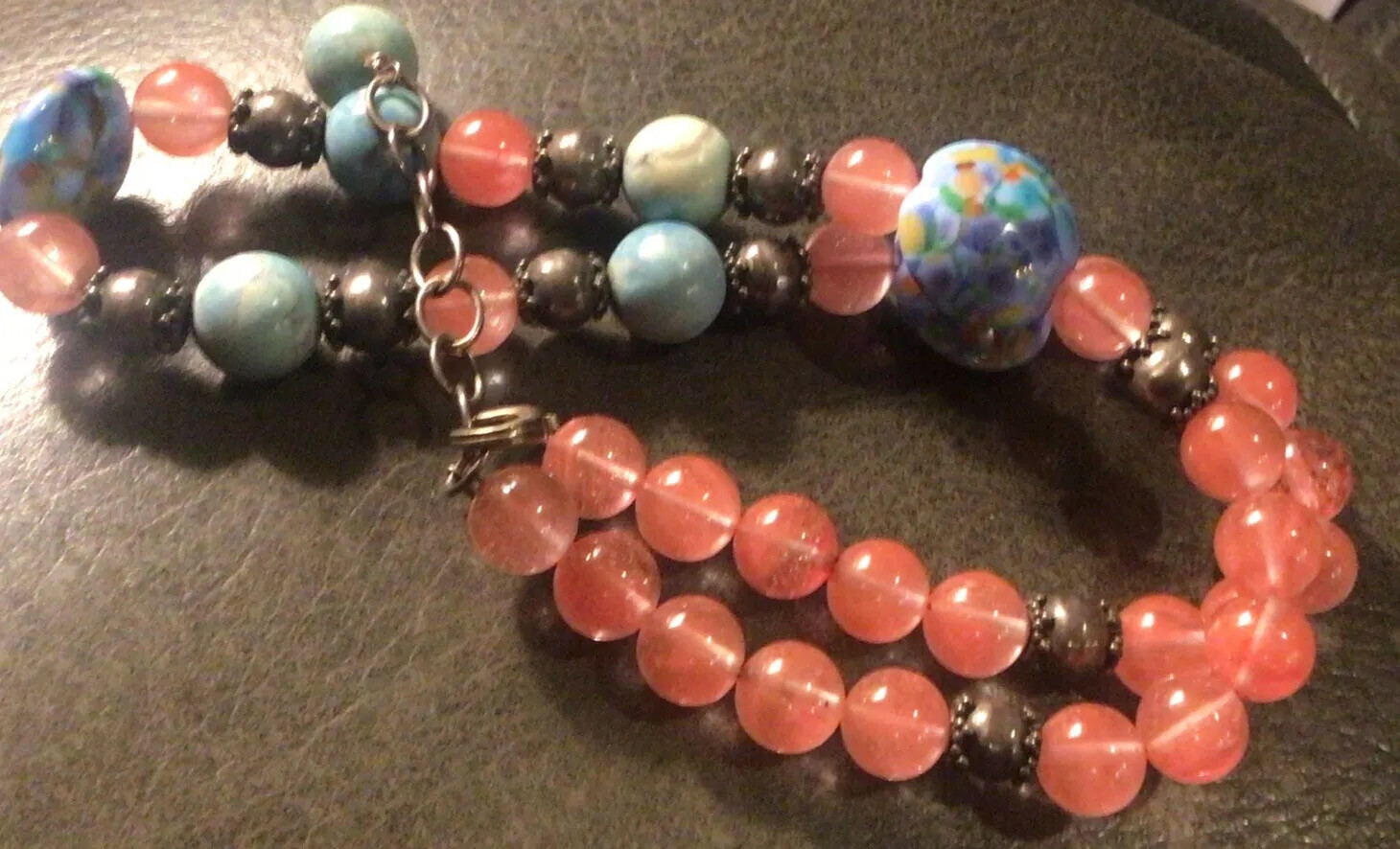 Sterling Silver Quartz Beaded Necklace art glass 18” adjustable Womens