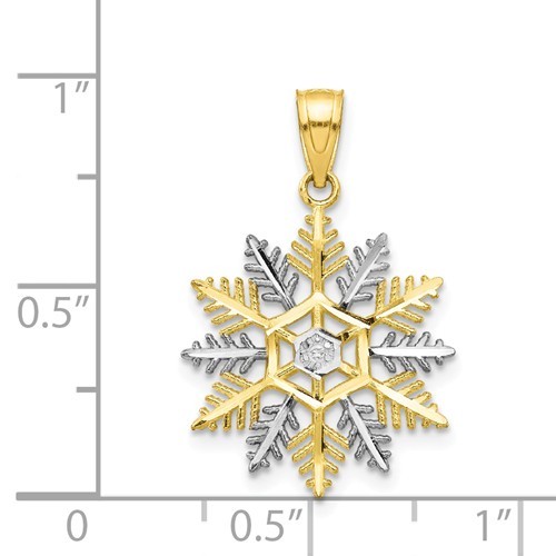 10K TWO TONE WHITE & YELLOW GOLD DIAMOND CUT SNOWFLAKE CHARM PENDANT