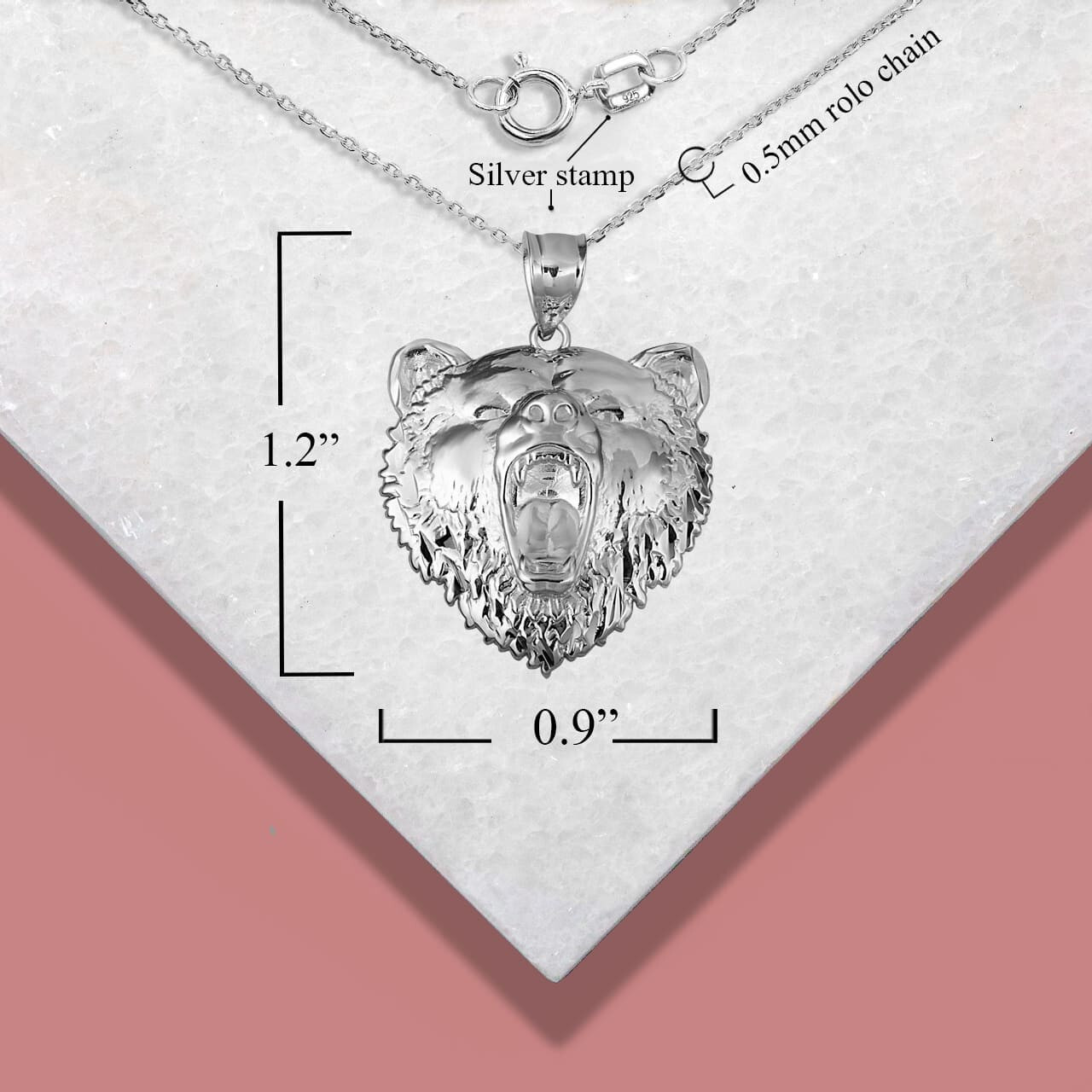 .925 Sterling Silver Roaring Grizzly Bear Head Animal Pendant Necklace
